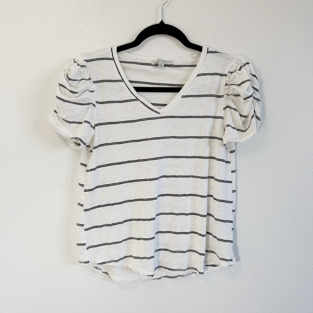 Green Envelope Black and White Striped V-Neck Top